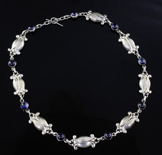 A Danish Georg Jensen sterling silver and blue chalcedony? Moonlight Blossom necklace, no. 15, 1933-1944 mark, 41cm.